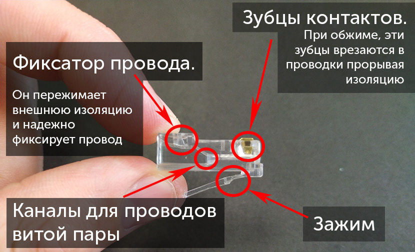 Фотография коннектора RJ-45 с описанием его состовных частей