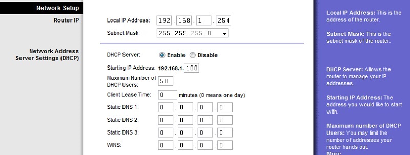 Вкладка Network Setup